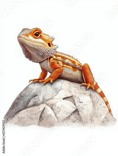 A vibrant bearded dragon perched on a rock, showcasing its unique colors and detailed texture in a naturalistic pose.