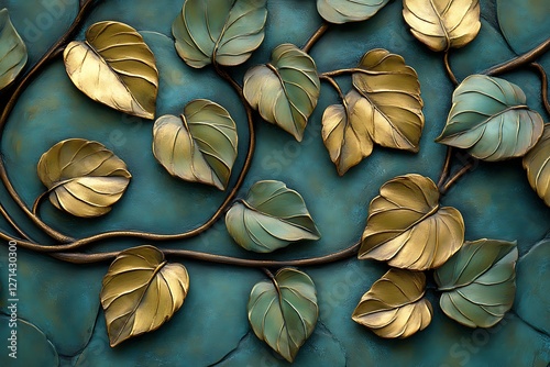 Decorative wall art featuring golden leaves on a teal background, enhancing interior aesthetics