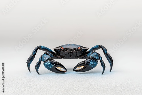 A vibrant blue crab with glossy details, showcasing its striking claws and unique features in a minimalistic background.
