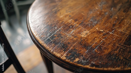 the top view of a wooden table with subtle scratches and wear.