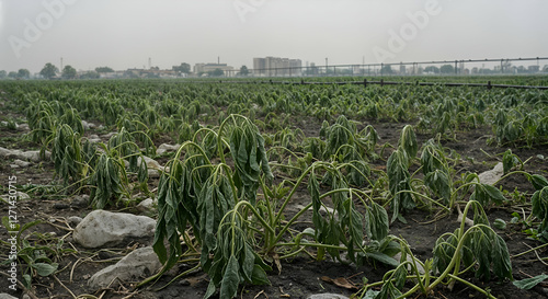 Damaged Crops Field Industrial Background Rural Scene Plants Destroyed farm loss soil storm green photo