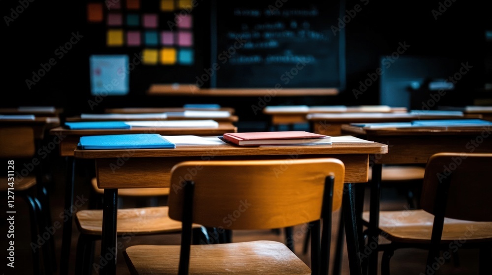 Empty classroom desks, books, chalkboard, lesson plan Empty classroom desks, books, chalkboard, lesson plan