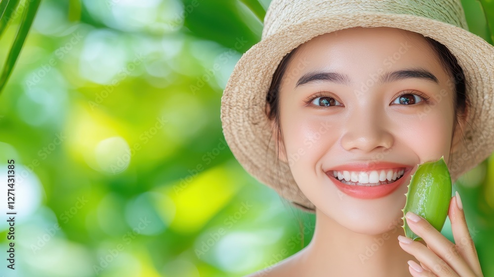 Smiling Thai Woman Applying Aloe Vera Leaf on Her Cheek Outdoors Smiling Thai Woman Applying Aloe Vera Leaf on Her Cheek Outdoors