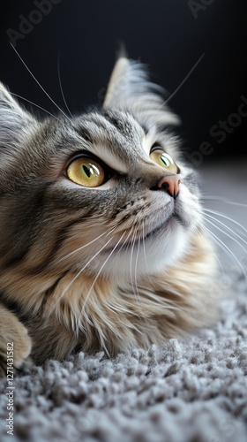 Grey cat relaxing on a soft carpet while looking directly at the camera in a ...