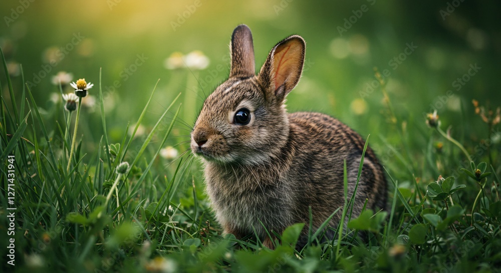Fototapeta premium A young brown rabbit sits in a green meadow, surrounded by grass and small white flowers, with soft sunlight casting a warm glow.