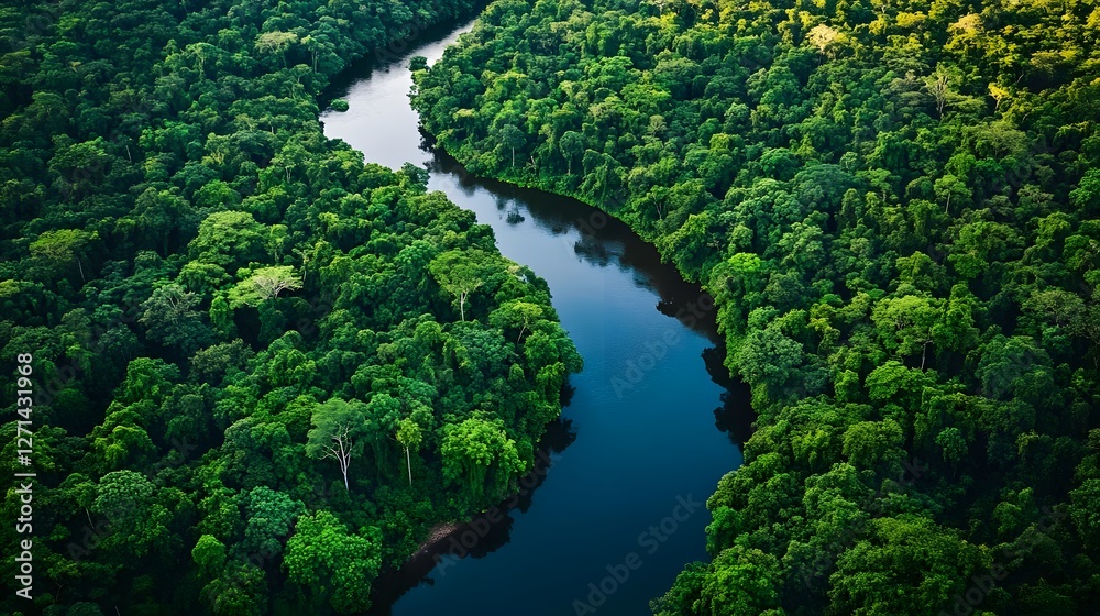 Fototapeta premium Aerial view of a winding river surrounded by lush green rainforest, showcasing nature's beauty