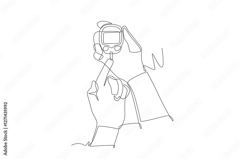 Hands checking blood test measuring cholesterol and blood sugar. Blood test concept one-line drawing Hands checking blood test measuring cholesterol and blood sugar. Blood test concept one-line drawing