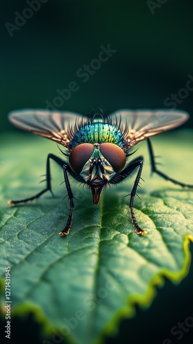 Detailed close-up of a vibrant fly resting on a leafy surface in a lush green...