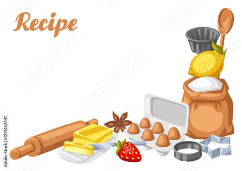 Background with bakery utensils. Cooking tools for home and recipe items.