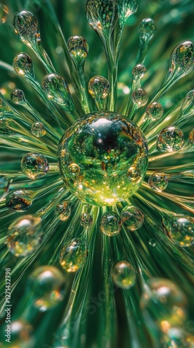 Intricate green droplets radiate from a central sphere in a mesmerizing abstr...