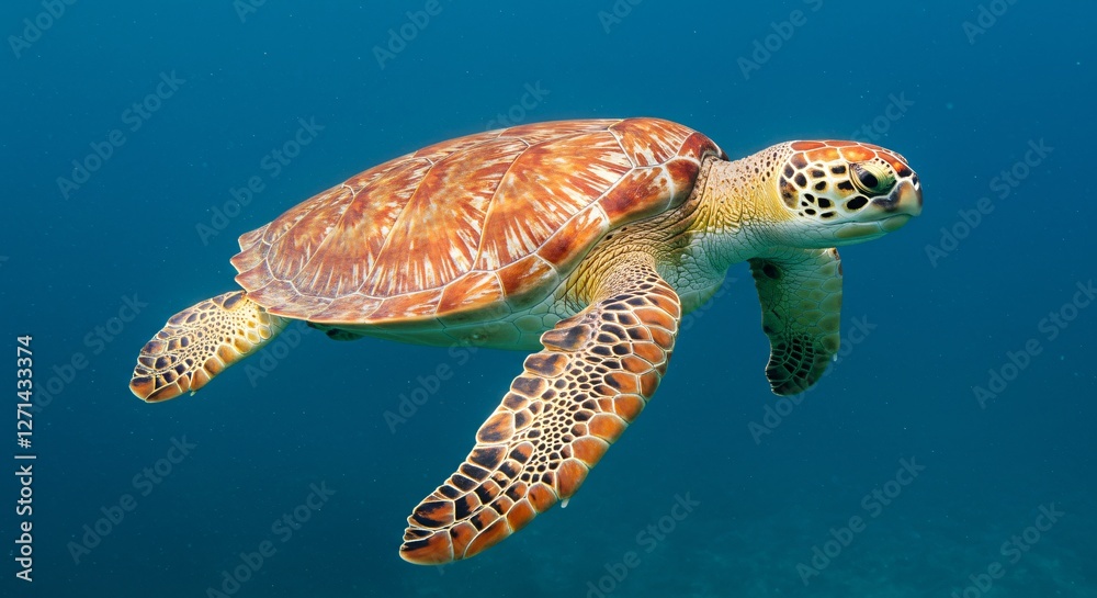 Fototapeta premium A majestic sea turtle with a beautifully patterned shell glides effortlessly through the deep blue ocean, showcasing its natural grace and elegance.