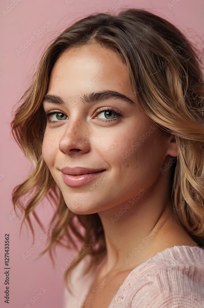 Obraz premium Smiling Young Woman with Long Wavy Hair Against a Soft Pink Background