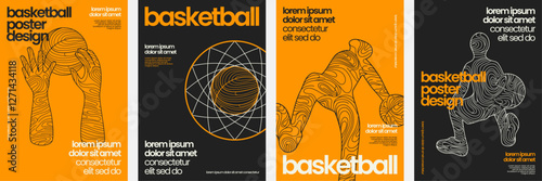 Basketball poster design with dynamic sports silhouettes, modern typography, abstract line illustrations, and an energetic composition for a captivating athletic style.