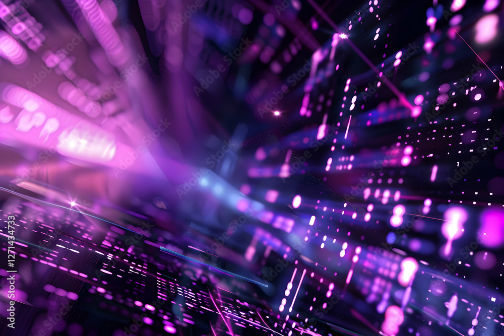 Fototapeta premium Abstract digital landscape with vibrant purple and blue light patterns creating depth