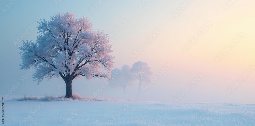 Frosty morning with snow-covered trees and fog, tree, cold Frosty morning with snow-covered trees and fog, tree, cold