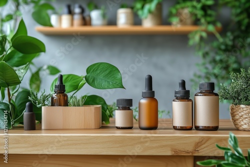 Natural skincare products displayed on a wooden table surrounded by plants in...