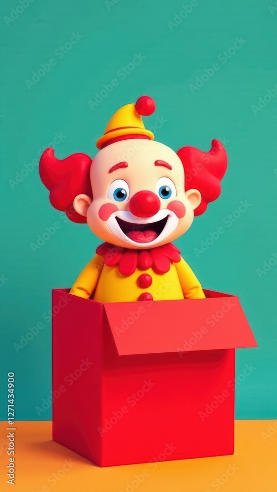 Fototapeta premium Smiling clown pops out of a red box ready to surprise on April Fools' Day. Clown in bright clothes and hat. Fun and prank concept, suitable for postcard, banner or poster.