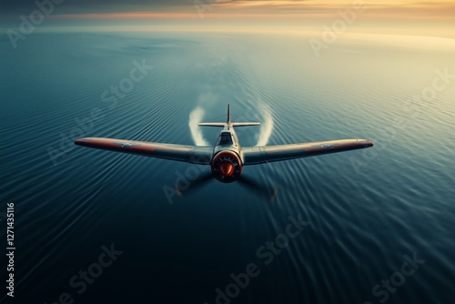 Vintage airplane flying over calm ocean during sunset