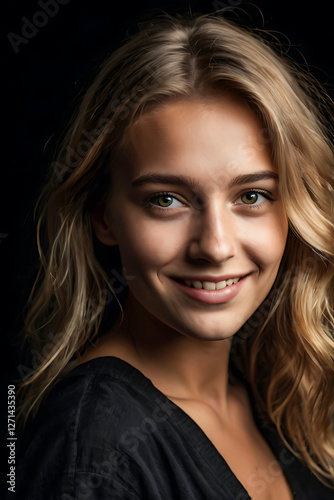 Close-up of an attractive middle aged woman with toothy smile wearing black turtleneck sweater while staning at isolated dark background. Copy space. Studio shot. photo