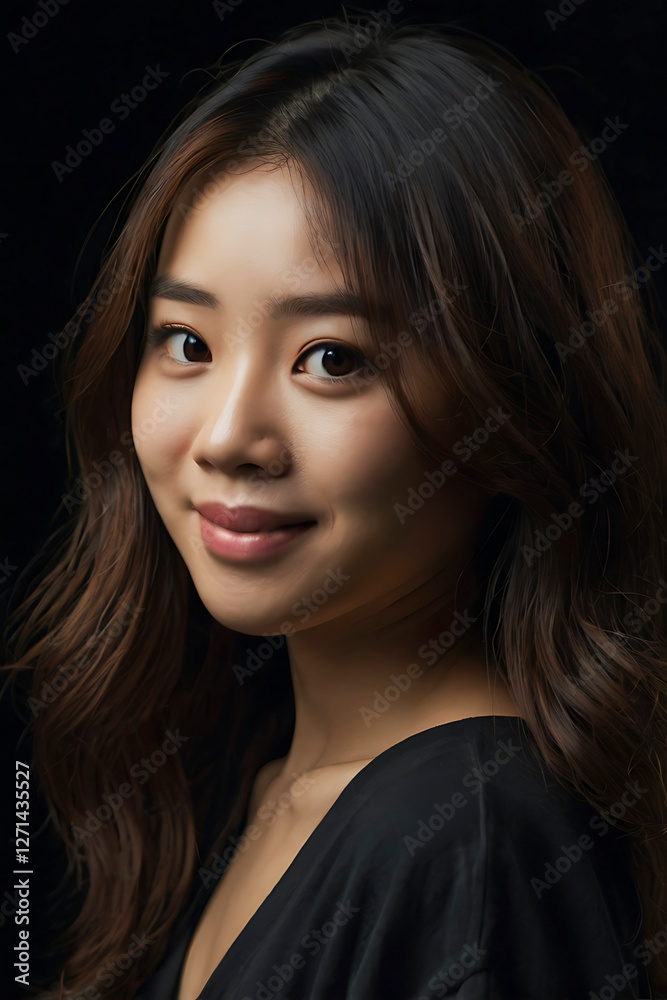 Close-up portrait of naked Asian woman smiling and looking at camera. Happy lady with long black hair posing in studio isolated on dark background. Close-up portrait of naked Asian woman smiling and looking at camera. Happy lady with long black hair posing in studio isolated on dark background.