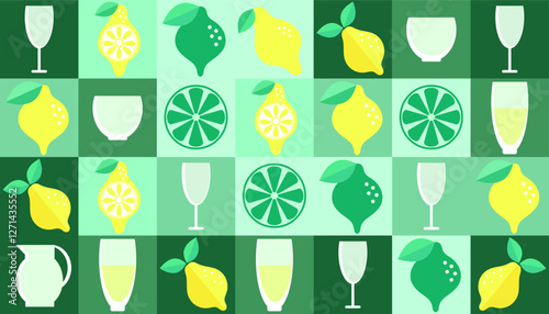 Lemon geometric background. Vector minimalist style pattern. Bauhaus trend. Abstract illustration of lemon, leaves, symbols. Simple icon.	
