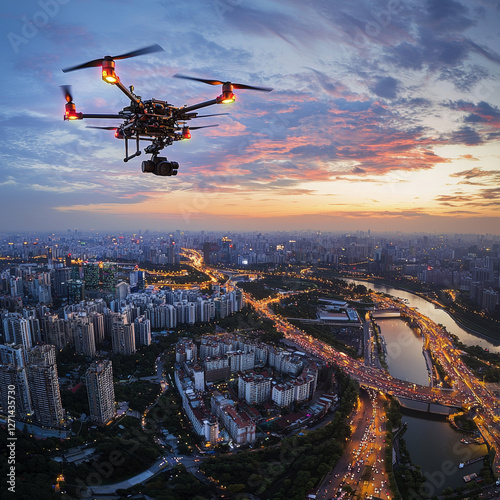 Drone over illuminated cityscape at sunset photo