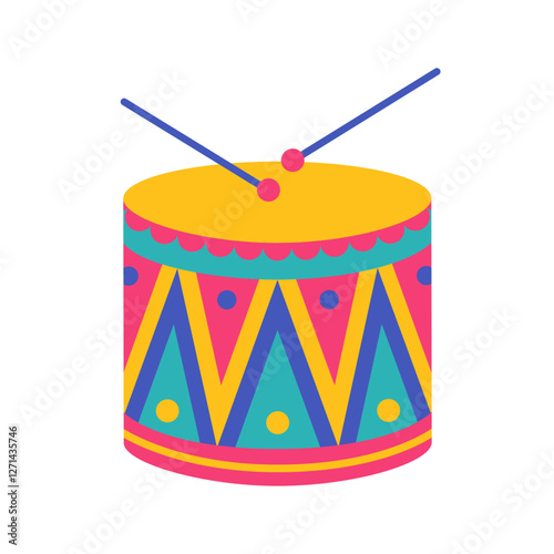 Colorful drum with ornament and drumsticks. Percussion musical instrument. Children's toy. Design for brazil carnival, music festival. Vector flat illustration isolated on white background