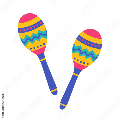 Pair of colorful maracas with ornament. Mexican traditional musical instrument. Latin music. Maraca for carnival, festival, party. Vector flat illustration isolated on white background