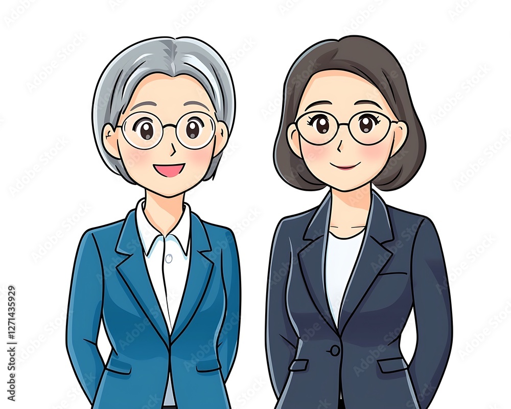 Two businesswomen in suits, smiling, professional, corporate setting Two businesswomen in suits, smiling, professional, corporate setting