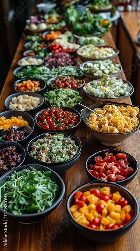 Colorful array of fresh ingredients on a wooden table for a healthy meal prep...
