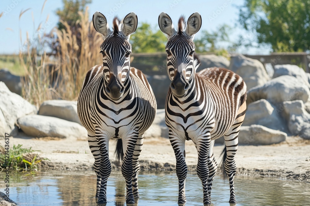 Fototapeta premium Two zebras standing near water on a sunny day in a natural habitat setting