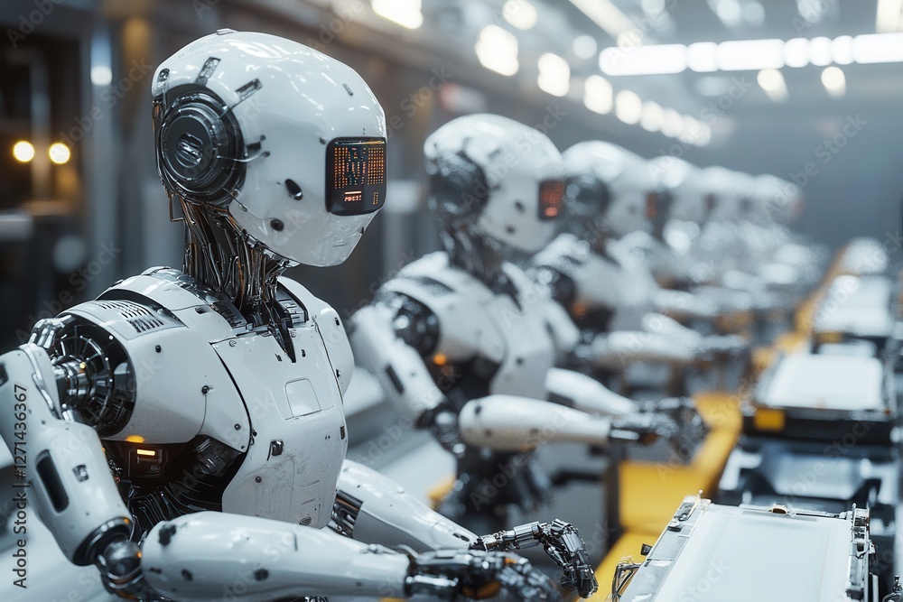 A team of AI-powered robots working together in a futuristic manufacturing facility, A team of AI-powered robots working together in a futuristic manufacturing facility,