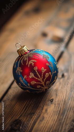 Colorful Christmas ornament with intricate design hanging in a festive setting