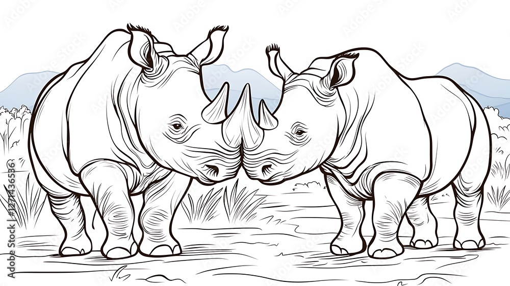 Fototapeta premium Two rhinoceroses facing each other in a savanna landscape, coloring page