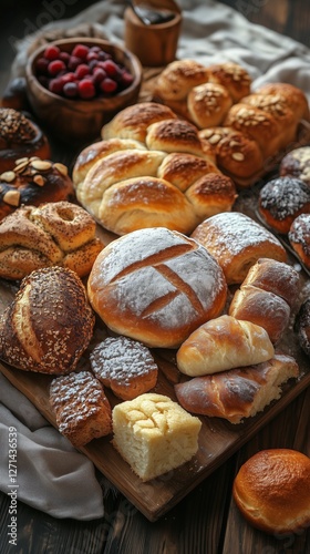 Freshly baked assortment of breads and pastries on a wooden table with berrie...