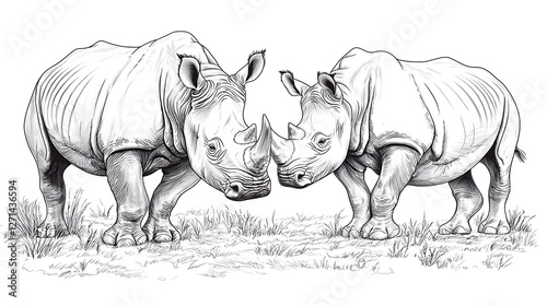 Two rhinoceroses facing off in a savanna landscape photo