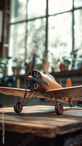 Wooden airplane model displayed on a rustic table near a window in a cozy room