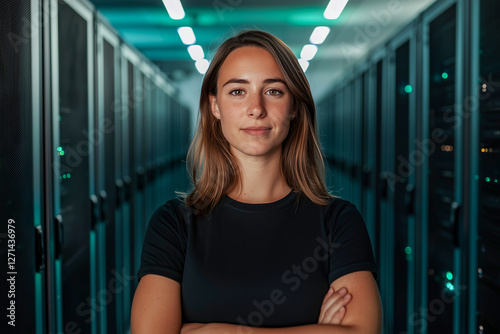 Confident young female it specialist standing in modern data center with server racks and cybersecurity technology environment