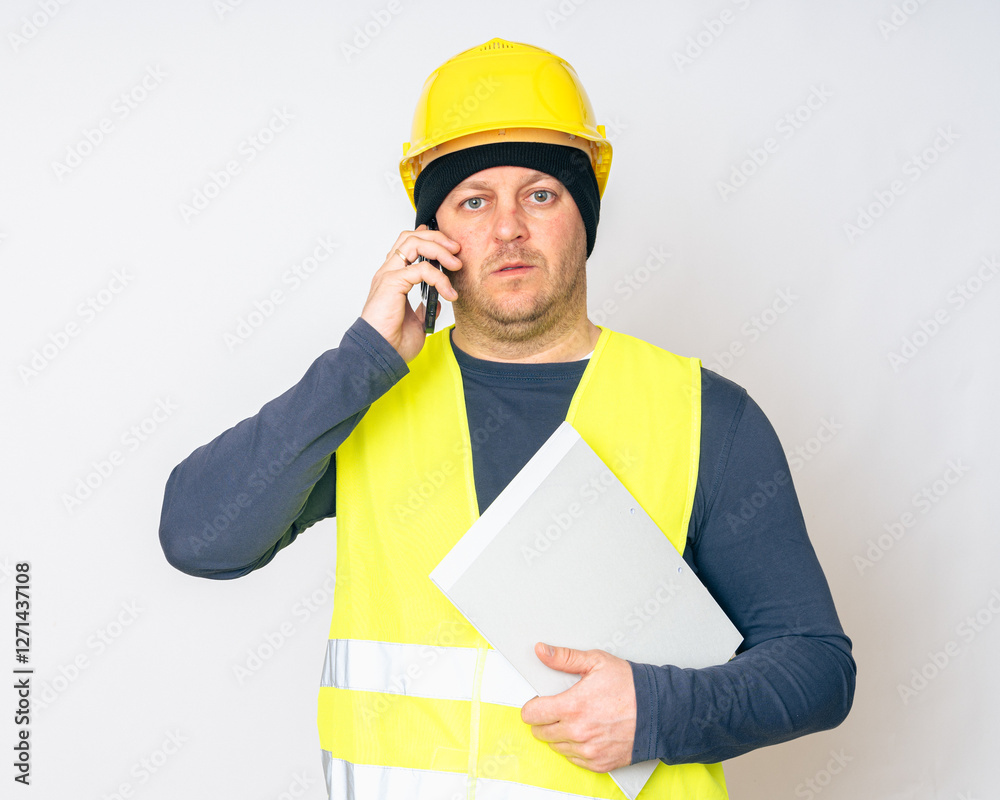 a man in a yellow work vest, yellow safety helmet with papers and a cell phone in his hands. High quality photo a man in a yellow work vest, yellow safety helmet with papers and a cell phone in his hands. High quality photo