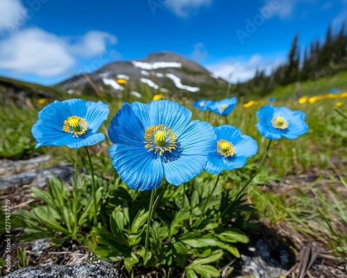 Vibrant blue poppies in alpine meadow, mountain backdrop photo