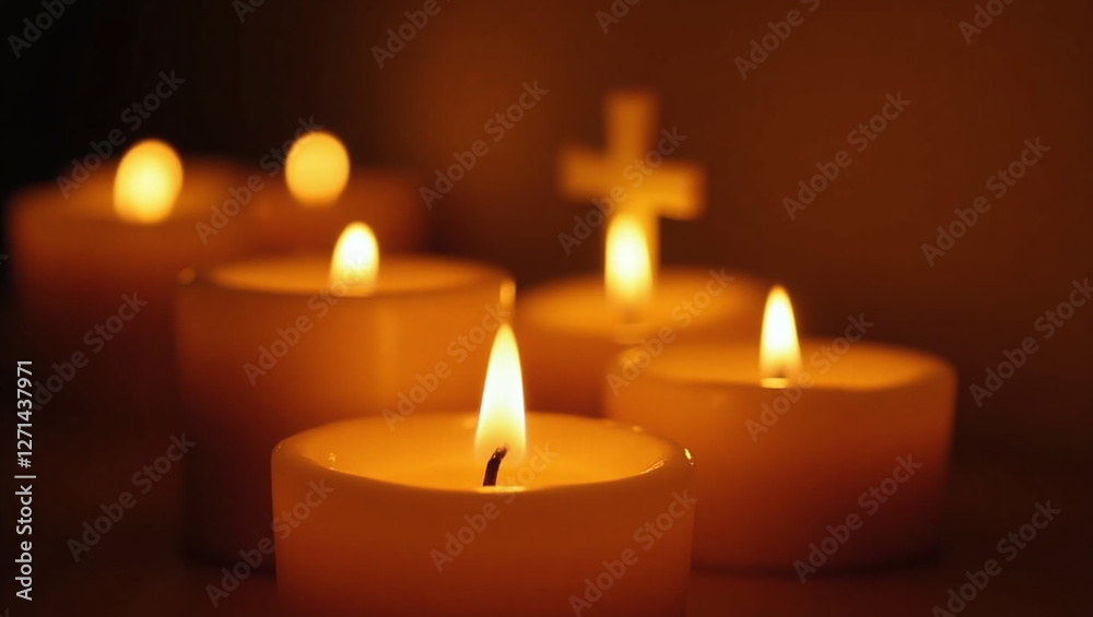 Lit Candles with Christian Cross on Background for Praying a Prayer, Church, Religion and Faith, God Jesus Christ and Christianity, Worship, Easter Mass, Worship Lit Candles with Christian Cross on Background for Praying a Prayer, Church, Religion and Faith, God Jesus Christ and Christianity, Worship, Easter Mass, Worship