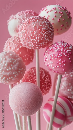 Colorful lollipops and cotton candy in a lively display against a pink backgr...