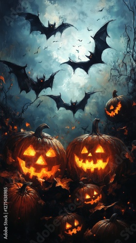Bats flying above glowing pumpkins in a dark spooky forest during Halloween n...