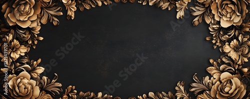 Floral arrangement border with roses and leaves on dark background