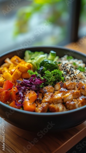 Healthy bowl with grilled tofu, chickpeas, and fresh greens on a wooden table