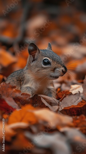 Squirrel foraging among orange leaves in a forest during autumn season