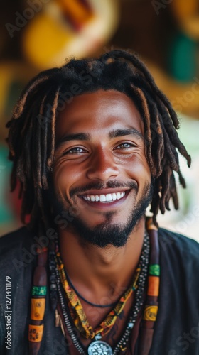 Smiling man with dreadlocks enjoying a sunny day outdoors in a natural setting