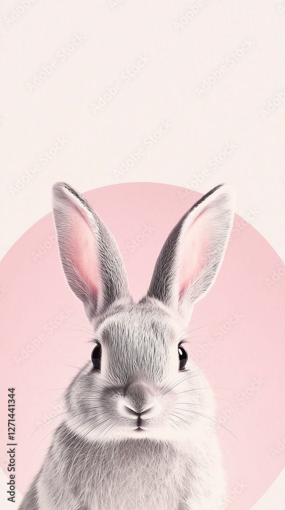 Adorable white rabbit with large ears centered against a soft pink circular backdrop, evoking a playful and gentle theme. Adorable white rabbit with large ears centered against a soft pink circular backdrop, evoking a playful and gentle theme.