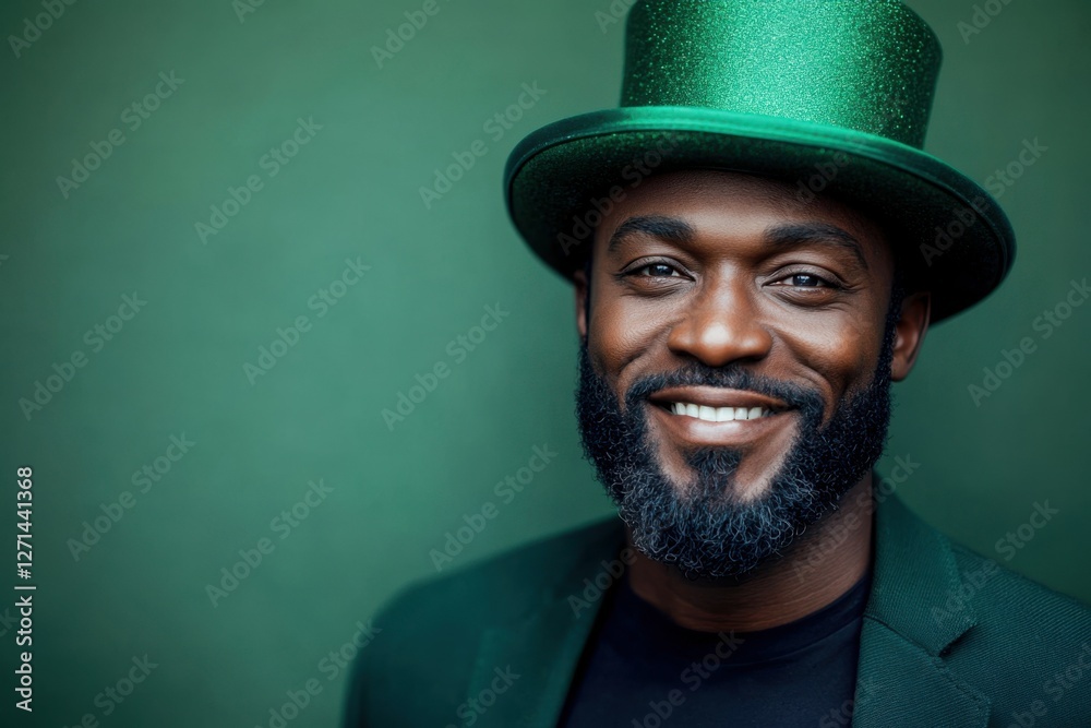 St. Patrick's Day portrait of an African man with a confident smile, a neatly trimmed black beard with subtle green sparkles, wearing a tall green leprechaun hat, a plain black t-shirt