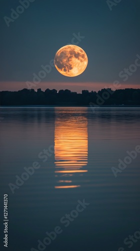 Majestic full moon reflecting over calm water at night near the shoreline
